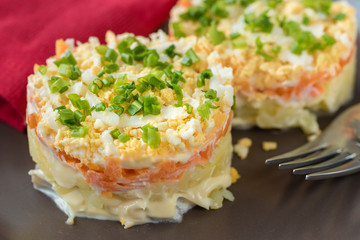 Szuba - herring under the coat -  traditional multilayered polish salad from herring, potatoes, carrots and eggs decorated with chives.