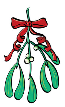 Mistletoe tied with a red ribbon. 
