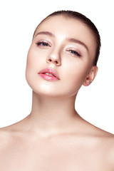 Fototapeta premium Beautiful woman portrait with fresh clear nude make up, healthy skin, skin care.