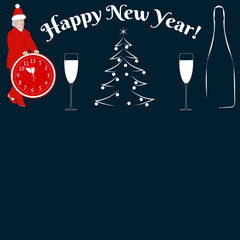 Happy New Year. Wineglasses and Santa Claus with the clock that shows at five minutes to twelve. Space for your text. Vector