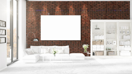 Fashionable modern loft interior with empty frame and copyspace in horizontal arrangement. 3D rendering.