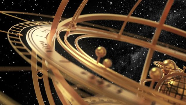 Armillary Sphere On Black Background Of Starburst. 3D Animation. Seamless Looped.