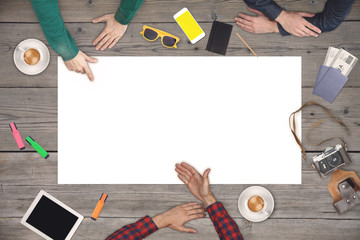 Group of people planning trip. Travel concept. Top view.