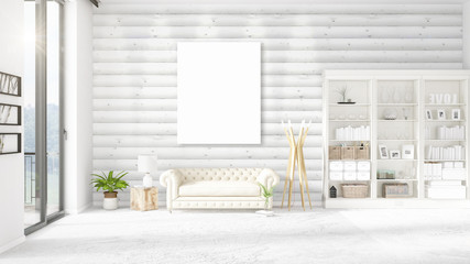 Fashionable modern loft interior with empty frame and copyspace in horizontal arrangement. 3D rendering.