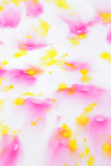 Obraz na płótnie Canvas Pink and yellow abstract spots on white background, paint dissolved in milk, art, abstract pink yellow texture on white background for designer