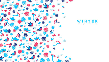 Horizontal banner with winter paper cut design elements