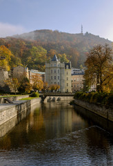 View of the famous spa city-Karlovy Vary. Sunny autumn morning. Czech Republic