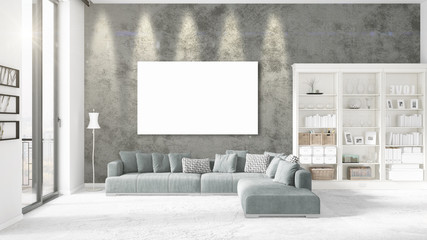 Fashionable modern loft interior with empty frame and copyspace in horizontal arrangement. 3D rendering.