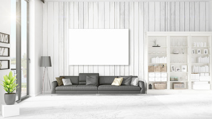 Fashionable modern loft interior with empty frame and copyspace in horizontal arrangement. 3D rendering.