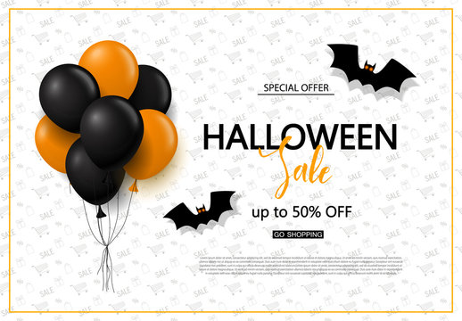 Halloween sale background with balloons and bat. Modern design.Universal vector background for poster, banners, flyers, card.