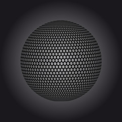 Abstract globe dotted sphere, 3d halftone effect vector background. Black and white vector illustration.