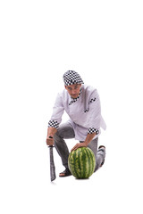 Young male cook with watermelon isolated on white