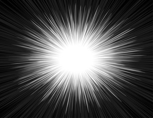 Light rays of an explosion with a radial zoom in a comic book style. Shine radiant manga background in black and white colors. The emission of luminous energy in the Big Bang. Vector illustration.