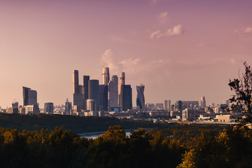 city view from the sparrow mountains to Moscow city in the evening in a pink sunset