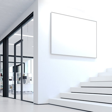 White steps in office and blank picture frame. 3d rendering