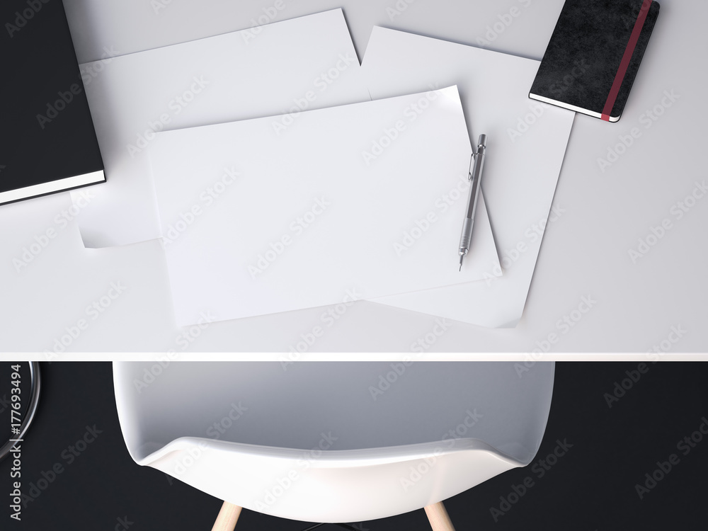 Poster a few sheets for sketches on the table. 3d rendering