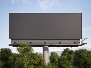 Black billboard among trees against. 3d rendering - obrazy, fototapety, plakaty
