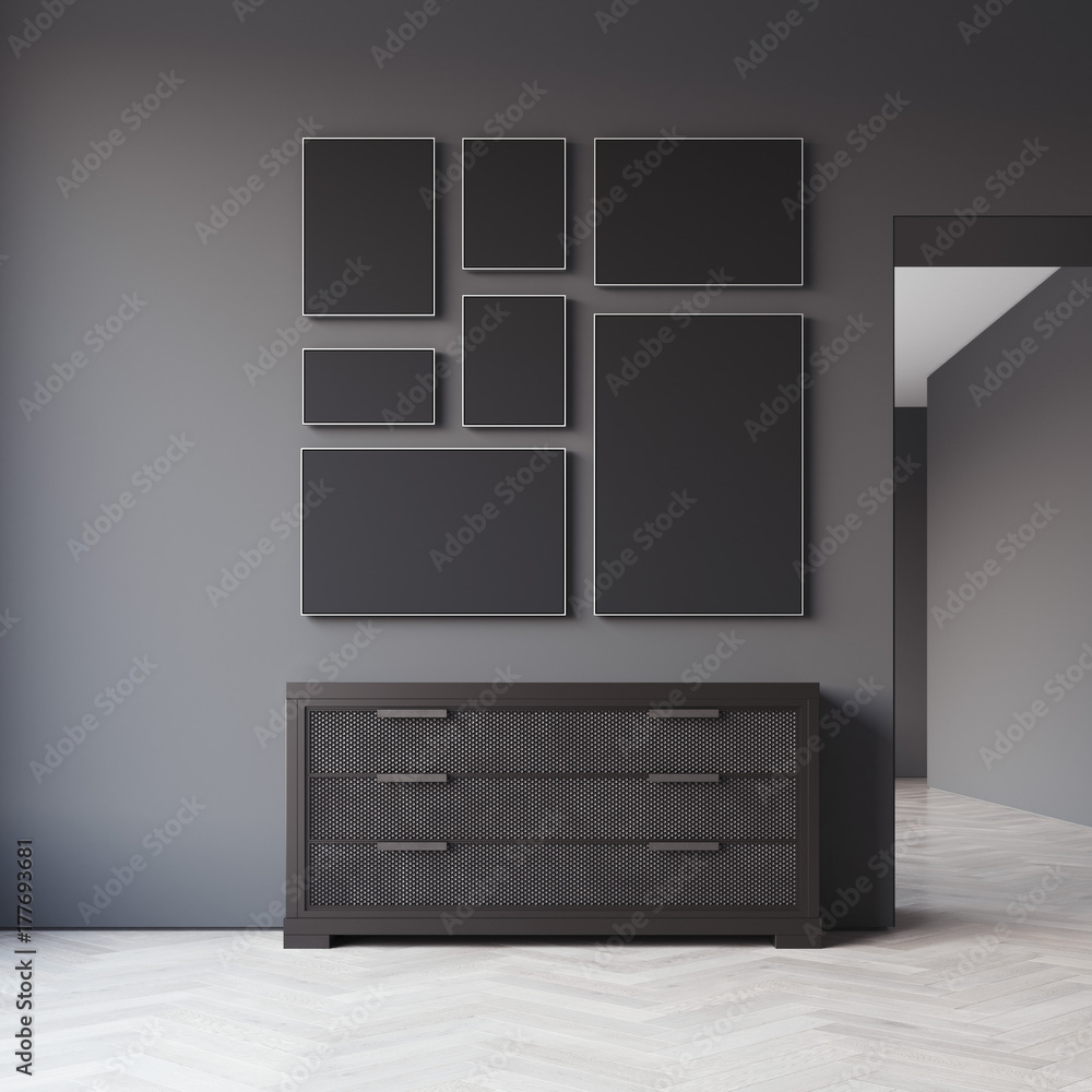 Poster dark guestroom with seven picture frames. 3d rendering