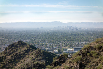 Obraz premium Greater Phoenix Metro area also known as Arizona Valley of the Sun viewed from North Mountain Park hiking trails