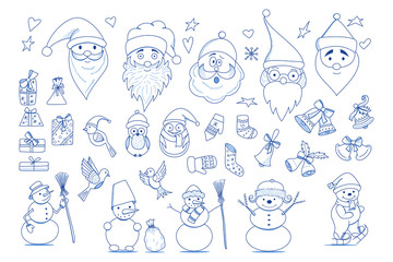 Funny cartoon Christmas collection icon in doodle sketch style in blue color. New year and Xmas design element set. Snowman, santa, birds, bells, gifts.