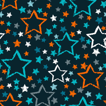 abstract seamless stars pattern. Grunge urban stars background in black and white colors for girls, boys, childish, fashion and sport clothes. Silhouette stars repeated backdrop.