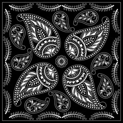 Black and white bandana print with paisley. Square pattern design for pillow, carpet, rug. Design for silk neck scarf, kerchief, hanky