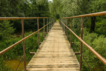 Old hanging bridge over swamp in Moscow Region, Russia