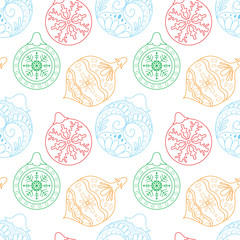 Seamless colorfull pattern with cartoon ornate Christmas ball . Background, backdrop, textile, wrapper.