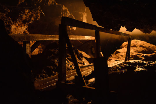 Wooden bridge in Abrskil Cave near Otap village near the port of Ochamchire, Abkhazia