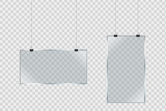 Vector set of isolated realistic hanging glass billboards on the transparent background for decoration and covering.