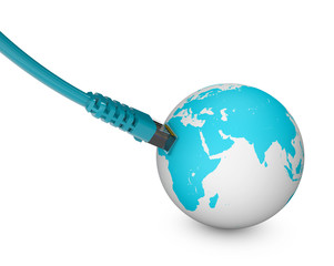 Cavo ethernet, connessione internet, velocità di banda. Il web nel mondo. Connessioni mondiali, globo - obrazy, fototapety, plakaty