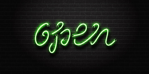 Vector realistic isolated neon sign Open lettering for decoration and covering on the wall background.