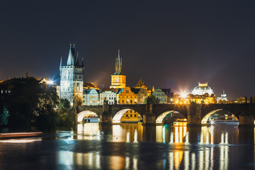 Fototapeta na wymiar View of Charles Bridge and Vltava river at night in Prague, Czech Republic