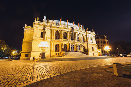 Night view of The building of Rudolfiunum concert hall in Prague, Czech Republic