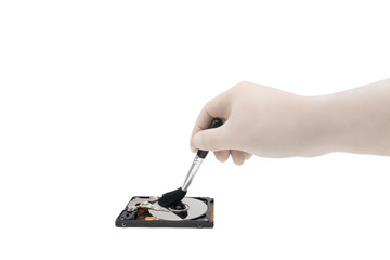 HDD. Cleaning open hard drive by hand. Isolated white background