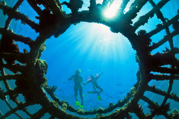 Happy family - mother with child dive underwater, snorkeling with fun in sea pool. Travel lifestyle, active people water sport outdoor adventure, swimming lessons on beach summer holidays with kids