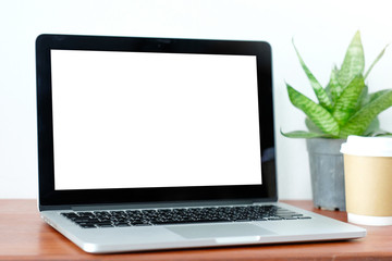 Laptop, notebook computer with blank screen on wood table background, mock up display, business and technology, online education, technology lifestyle concept