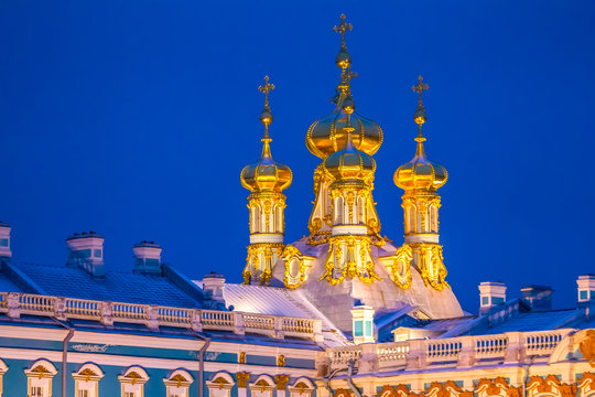 Pushkin. Tsarskoe Selo. Domes on the background of the blue sky. St. Petersburg. Russia.