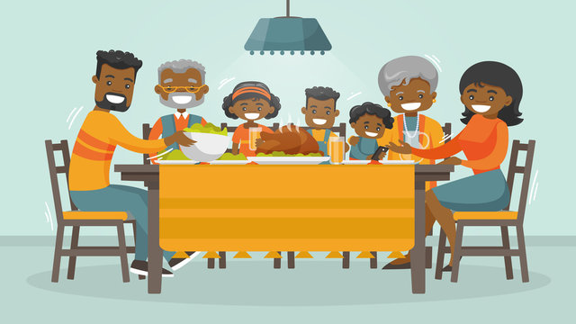 Christmas and Thanksgiving inspired winter Holiday card with african family enjoying Thanksgiving turkey at the table. Vector flat design family Holiday weekend illustration for poster, card, banner.