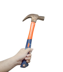 Old Hammer orange color with blue handle holding in hand of construction mechanic man used for building construction or house renovation.Tools isolated on white background. Construction tools concept.