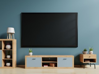 Smart TV on stand and wall blue background. 3d rendering
