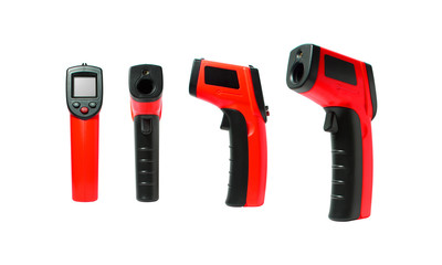 Infrared thermometer tools are many view used measuring temperature in a working job on industry factory and general worked, Tools isolated on white background, Electronic tools concept.