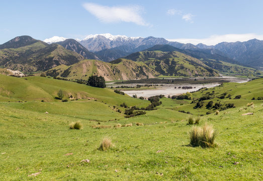 Clarence river valley with Seaward Kaikoura mountains in background, New Zealand