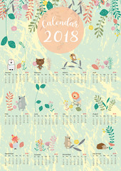 Colorful cute monthly calendar 2018 with wild,fox,bear,leaf,stump,flower,penguin and porcupine.Can be used for web,banner,poster,label and printable