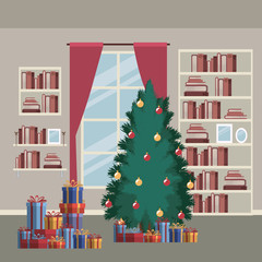 Fototapeta premium christmas home scene with window background and bookshelf of books and christmas tree and gifts