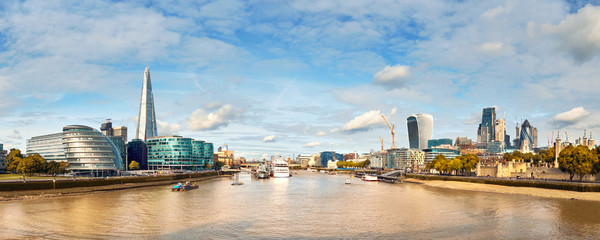 London, South Bank Of The Thames on a bright day, panoramic image - obrazy, fototapety, plakaty