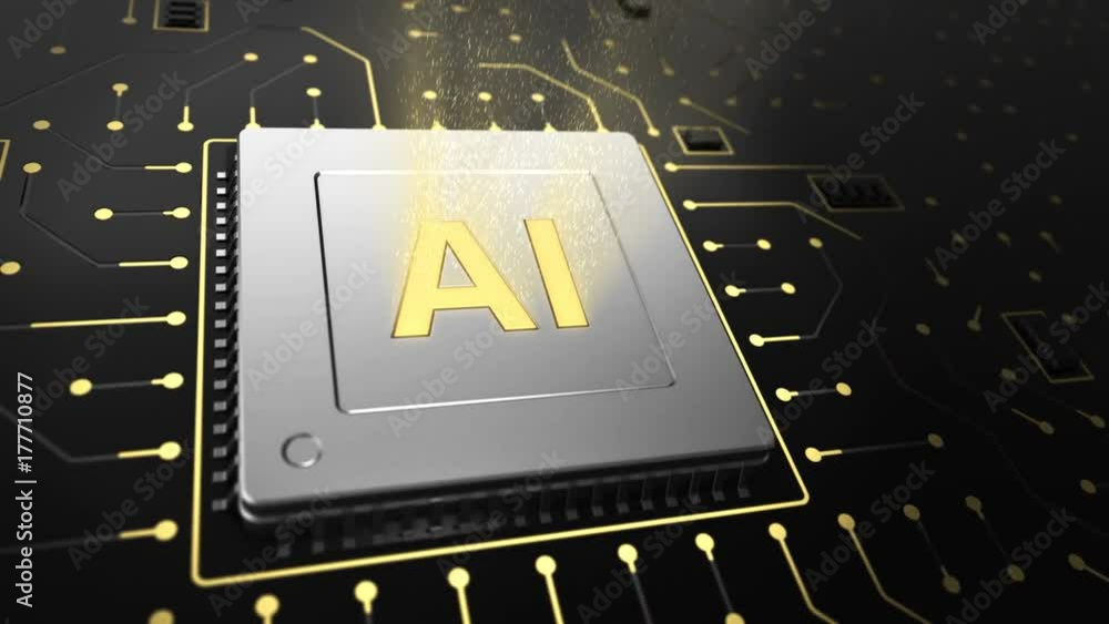 Poster 3d illustration of computer chip over circuit background with ai sign. ai(artificial intelligence) c