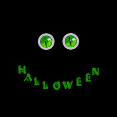 Halloween card. Green predatory monster eyes and word halloween in shape of smile on black background. Vector illustration.
