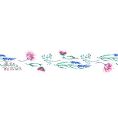 Watercolor vintage seamless border of a botanical pattern, wild flowers, grass, lavender, dried flowers, plants, leaves. On an isolated background.