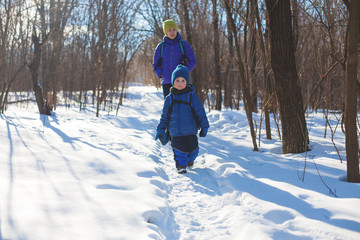 Fototapeta na wymiar The boy walks with his mother through the wood in the winter.